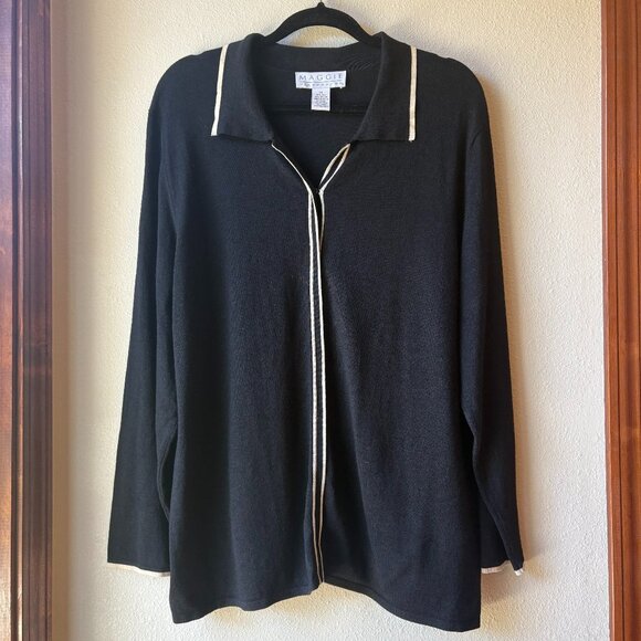 Silk Blend Black Cardigan White Trim Size 1X Classic Business Casual Size 1X - Picture 1 of 4